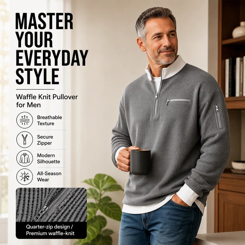 Men's Stylish Waffle Knit Quarter-Zip Sweatshirt with Zip Pockets