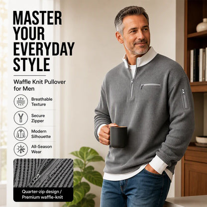 Men's Stylish Waffle Knit Quarter-Zip Sweatshirt with Zip Pockets