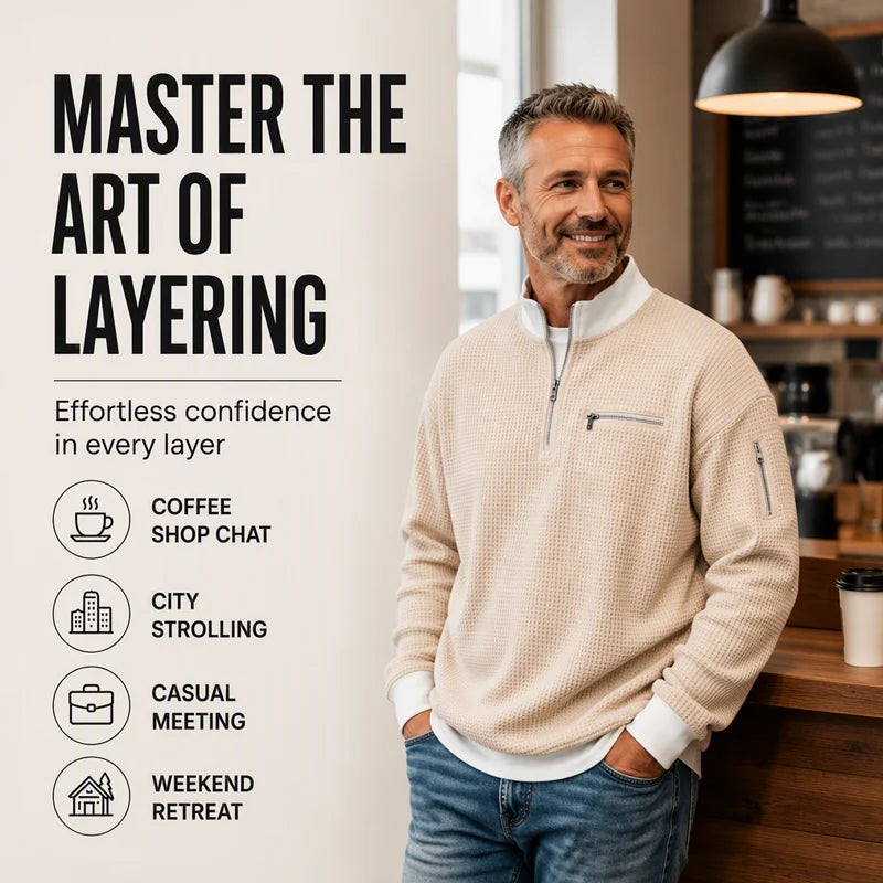 Men's Stylish Waffle Knit Quarter-Zip Sweatshirt with Zip Pockets