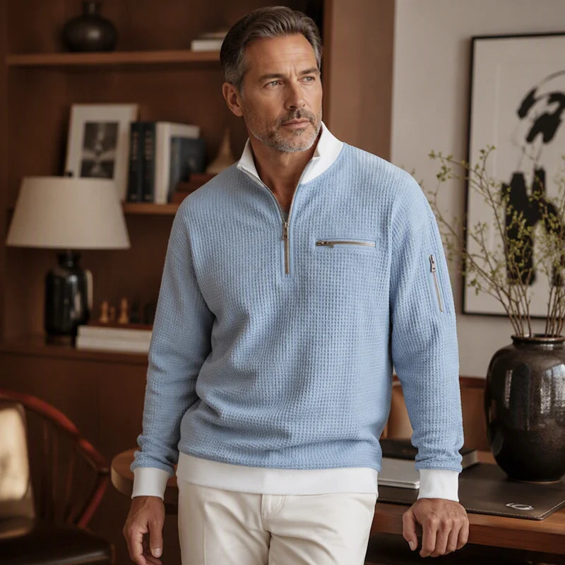 Men's Stylish Waffle Knit Quarter-Zip Sweatshirt with Zip Pockets