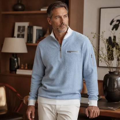 Men's Stylish Waffle Knit Quarter-Zip Sweatshirt with Zip Pockets