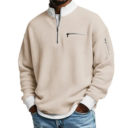 Men's Stylish Waffle Knit Quarter-Zip Sweatshirt with Zip Pockets