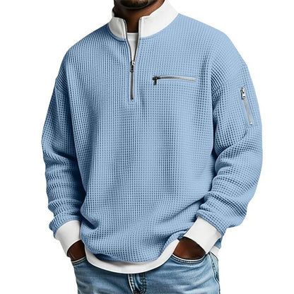 Men's Stylish Waffle Knit Quarter-Zip Sweatshirt with Zip Pockets
