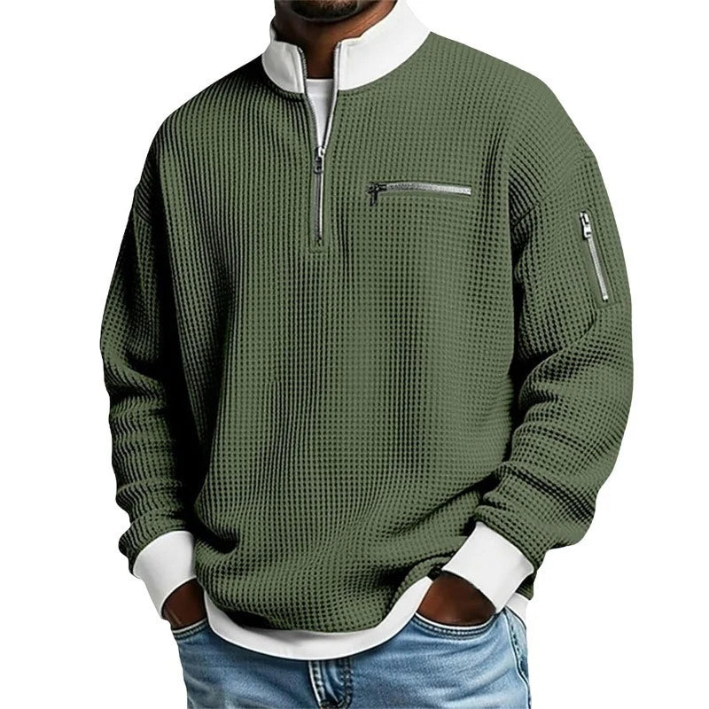 Men's Stylish Waffle Knit Quarter-Zip Sweatshirt with Zip Pockets