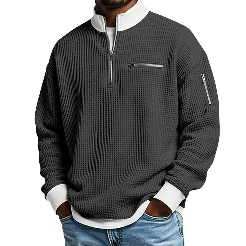 Men's Stylish Waffle Knit Quarter-Zip Sweatshirt with Zip Pockets