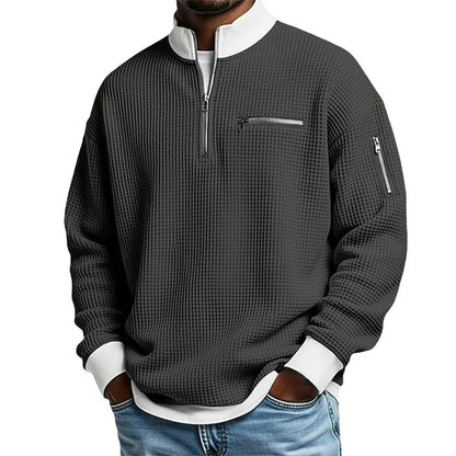 Men's Stylish Waffle Knit Quarter-Zip Sweatshirt with Zip Pockets