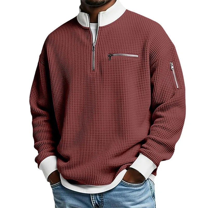 Men's Stylish Waffle Knit Quarter-Zip Sweatshirt with Zip Pockets