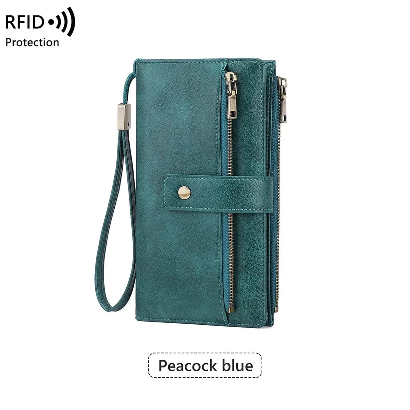 Women’s Tri-Fold Anti-Magnetic Long Wristlet Clutch Wallet