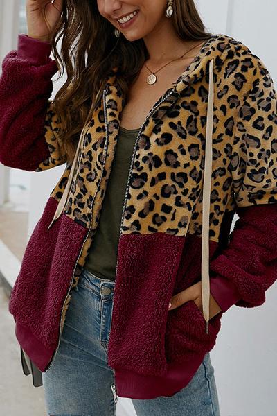 LifeTime-Chic: Leopard Zip-Up Patchwork Hooded Coat (5 Colors)