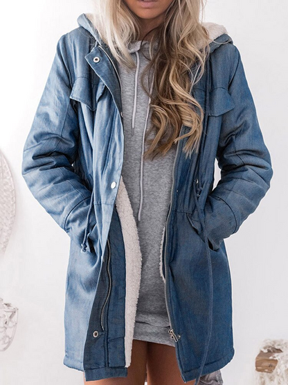 Women Warm Hooded Jean Jackets Winter