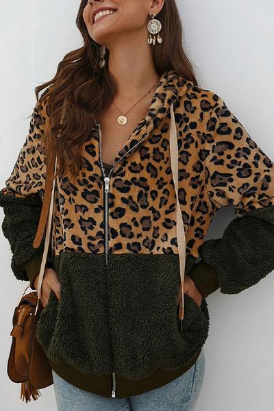 LifeTime-Chic: Leopard Zip-Up Patchwork Hooded Coat (5 Colors)