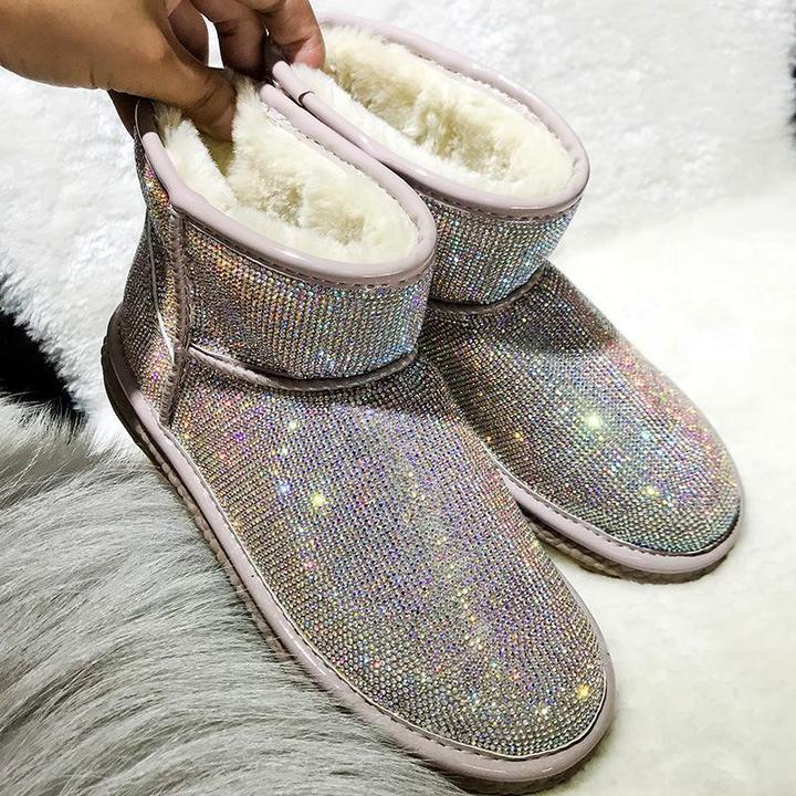 Last Day Promotion-Sheep Fur Rhinestone Full Diamond Waterproof Shoes Boots