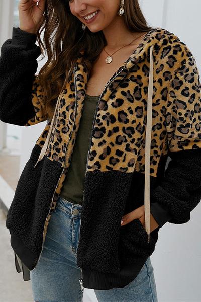 LifeTime-Chic: Leopard Zip-Up Patchwork Hooded Coat (5 Colors)