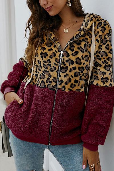 LifeTime-Chic: Leopard Zip-Up Patchwork Hooded Coat (5 Colors)