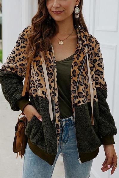 LifeTime-Chic: Leopard Zip-Up Patchwork Hooded Coat (5 Colors)
