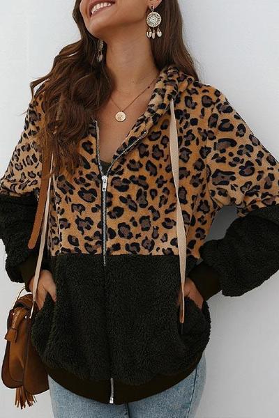 LifeTime-Chic: Leopard Zip-Up Patchwork Hooded Coat (5 Colors)