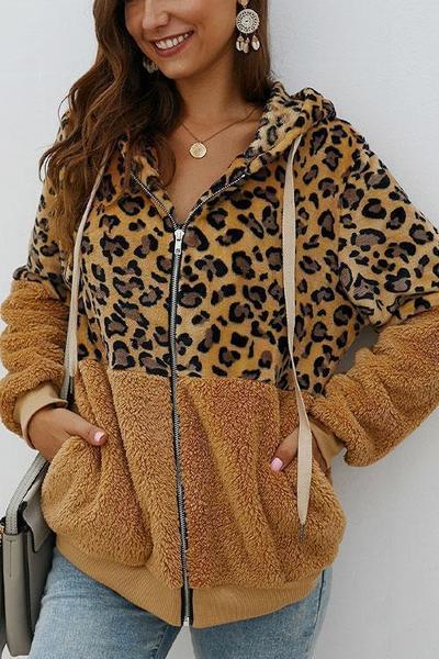 LifeTime-Chic: Leopard Zip-Up Patchwork Hooded Coat (5 Colors)