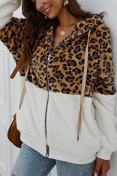 LifeTime-Chic: Leopard Zip-Up Patchwork Hooded Coat (5 Colors)