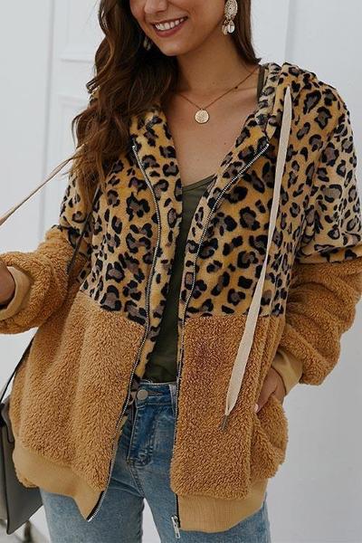 LifeTime-Chic: Leopard Zip-Up Patchwork Hooded Coat (5 Colors)