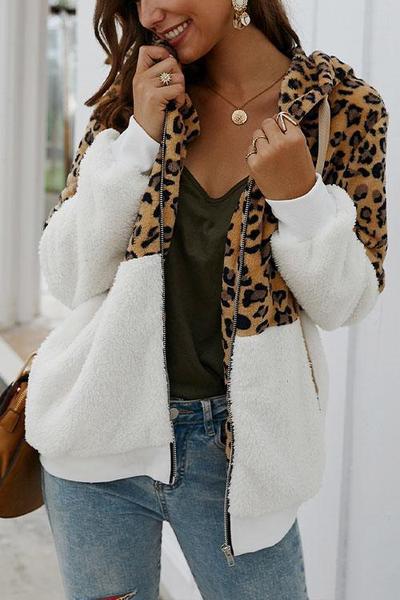 LifeTime-Chic: Leopard Zip-Up Patchwork Hooded Coat (5 Colors)