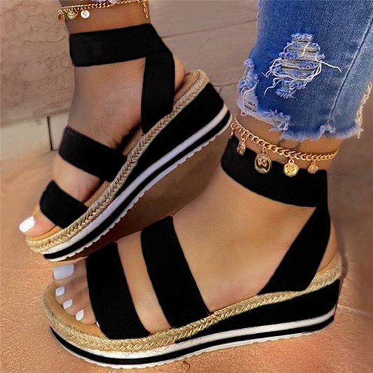 Wedge Heel Ankle Strap Elastic Band Open Toe Platform Plain Sandals