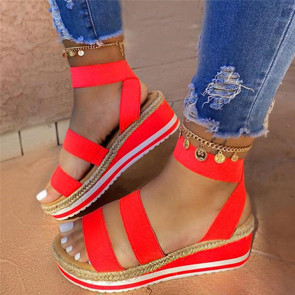 Wedge Heel Ankle Strap Elastic Band Open Toe Platform Plain Sandals