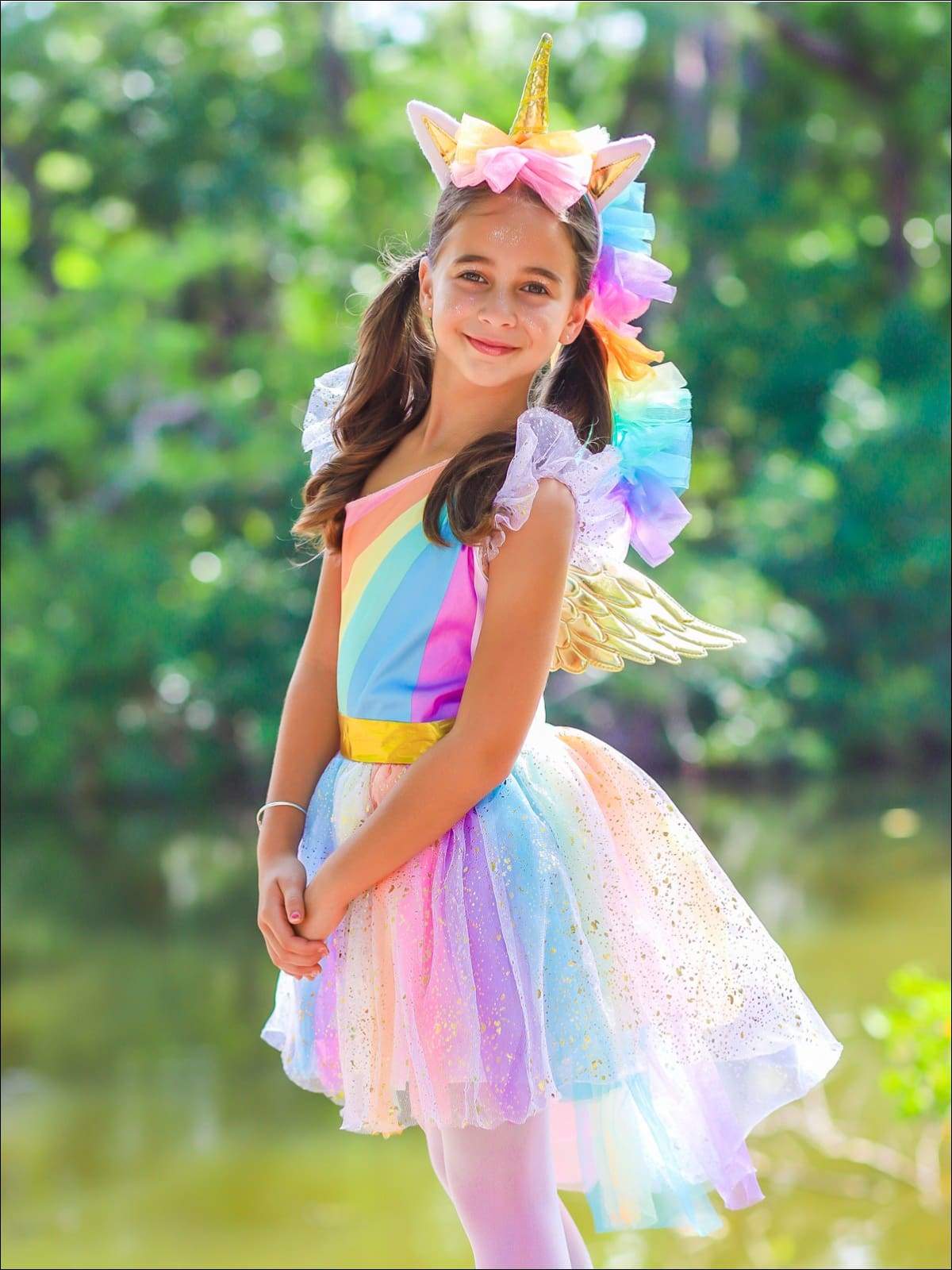 Girls Magical Golden Rainbow Unicorn Costume
