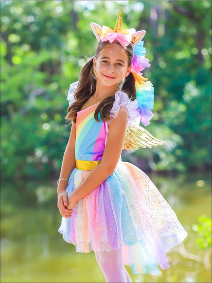 Girls Magical Golden Rainbow Unicorn Costume